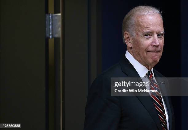 Vice President Joe Biden arrives to deliver remarks at a White House summit on climate change October 19, 2015 in Washington, DC. Biden remains at...