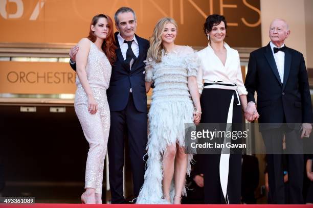 Actress Kristen Stewart, director Olivier Assayas, actress Chloe Grace Moretz, Juliette Binoche and Gilles Jacob attend the "Clouds Of Sils Maria"...