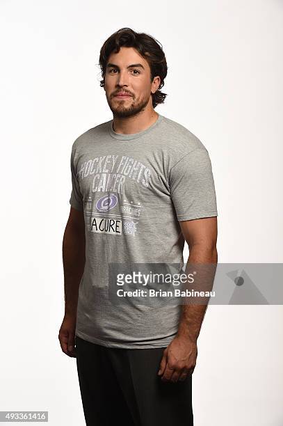 Justin Faulk of the Carolina Hurricanes poses for a portrait at the NHL Player Media Tour at the Ritz Carlton on September 8, 2015 in Toronto,...