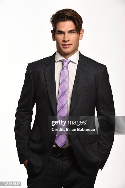 Sean Monahan of the Calgary Flames poses for a portrait at the NHL Player Media Tour at the Ritz Carlton on September 8, 2015 in Toronto, Ontario.