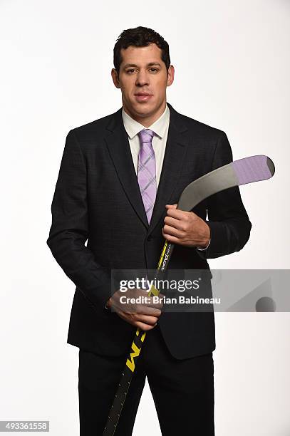 Evgeni Malkin of the Pittsburgh Penguins poses for pictures at the NHL Player Media Tour at the Ritz Carlton on September 9, 2015 in Toronto, Ontario.