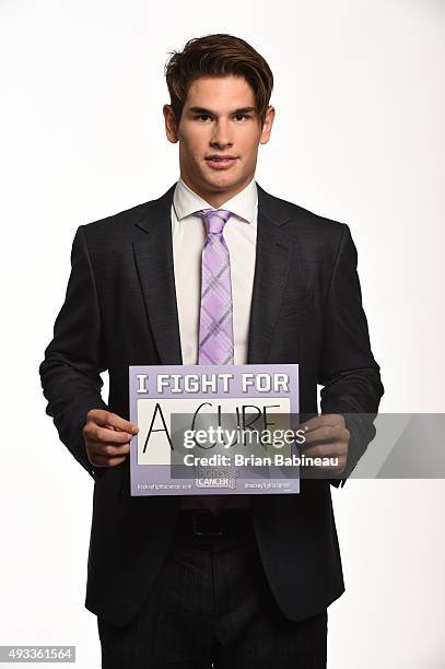 Sean Monahan of the Calgary Flames poses for a portrait at the NHL Player Media Tour at the Ritz Carlton on September 8, 2015 in Toronto, Ontario.