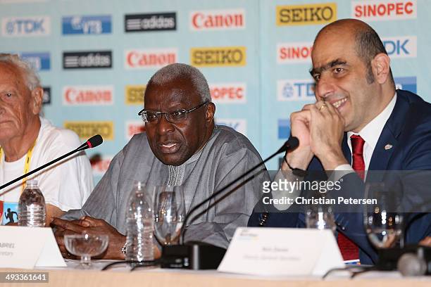 President Lamine Diack speaks at a press conference ahead of the IAAF World Relays at the Melia Hotel on May 23, 2014 in Nassau, Bahamas.