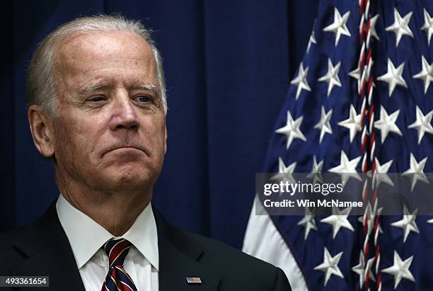 Vice President Joe Biden waits to speak at a White House summit on climate change October 19, 2015 in Washington, DC. Biden remains at the center of...