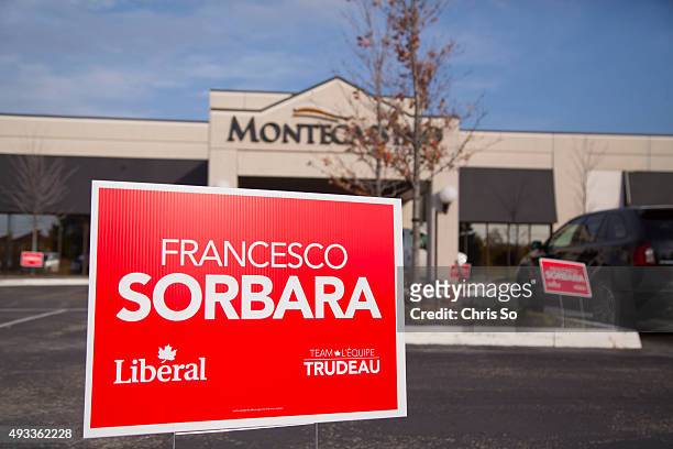 Sign for Vaughan-Woodbridge Liberal candidate Francesco Sorbara is in place at the Montecassino Banquet Centre. OCTOBER 19, 2015