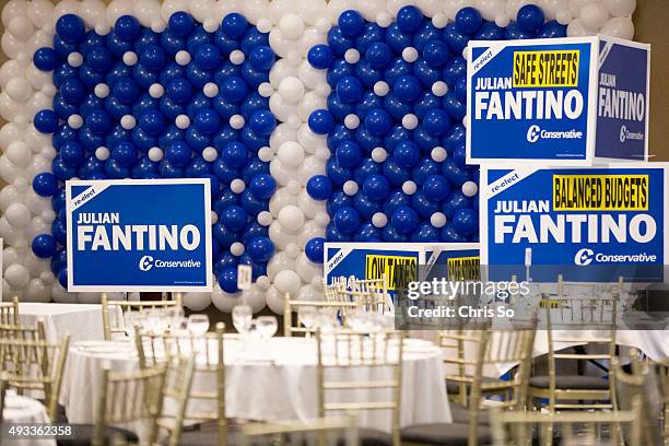 The reception center for Progressive Conservative incumbent Julian Fantino, Associate Minister of National Defence is decorated with blue and white...