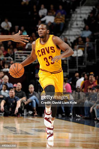 Dionte Christmas of the Cleveland Cavaliers handles the ball against the Milwaukee Bucks on October 13, 2015 at Quicken Loans Arena in Cleveland,...