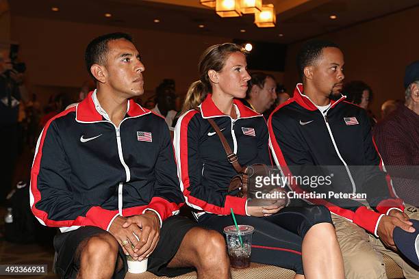 Leonel Manzano, Morgan Uceny and Wallace Spearmon of the United States attend a press conference ahead of the IAAF World Relays at the Melia Hotel on...