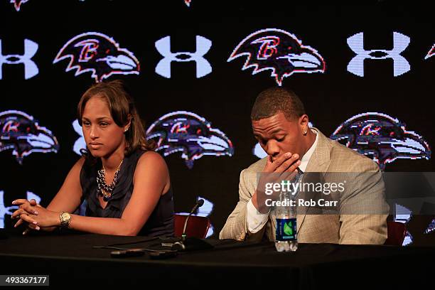 Running back Ray Rice of the Baltimore Ravens pauses while addressing a news conference with his wife Janay at the Ravens training center on May 23,...