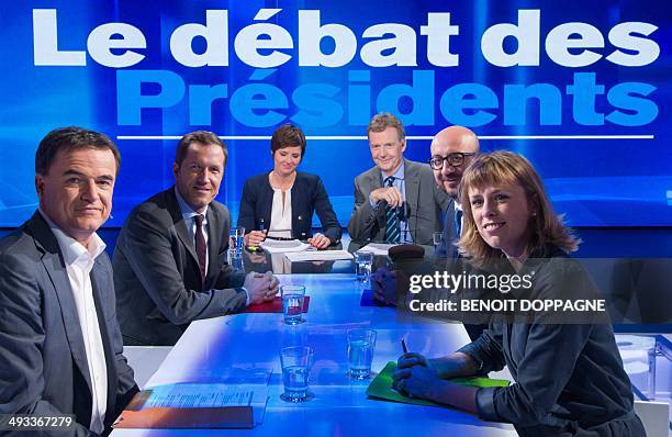 CdH chairman Benoit Lutgen, PS chairman Paul Magnette, MR chairman Charles Michel and Ecolo chairwoman Emilie Hoyos pose for a photograph prior to...