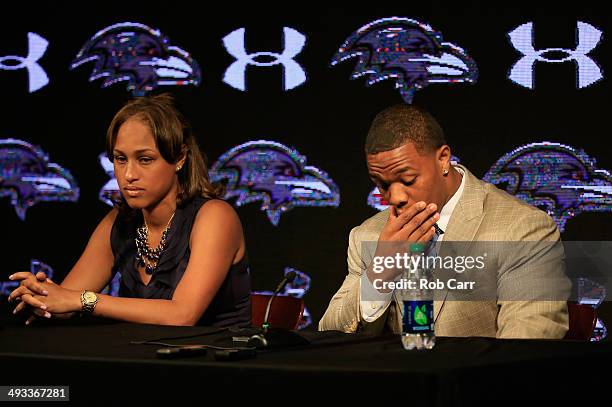 Running back Ray Rice of the Baltimore Ravens pauses while addressing a news conference with his wife Janay at the Ravens training center on May 23,...