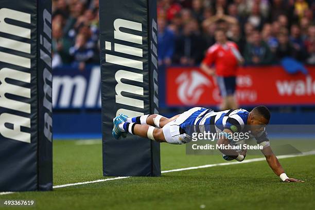 Anthony Watson of Bathscores the opening try during the Amlin Challenge Cup Final between Bath and Northampton Saints at Cardiff Arms Park on May 23,...