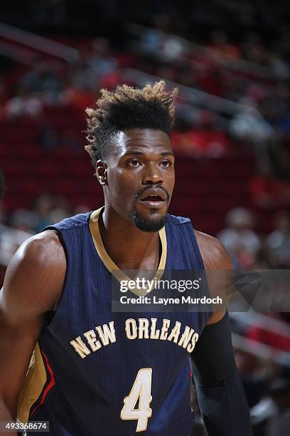 Jeff Adrien of the New Orleans Pelicans looks on during the game against the Houston Rockets on October 19, 2015 at the Toyota Center in Houston,...