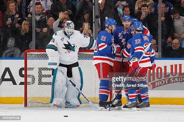 Mats Zuccarello, Rick Nash, Derek Stepan, Keith Yandle and Dan Boyle of the New York Rangers celebrate after a second period goal against Martin...