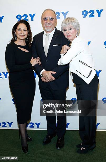 Singer Gloria Estefan Emilio Estefan and Rita Moreno attend Gloria and Emilio Estefan in conversation with Rita Moreno at 92nd Street Y on October...