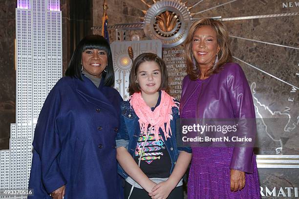 Singer Patti LaBelle, cancer survivor Emily Whitehead and philanthropist Denise Rich visit The Empire State Building in honor of Gabrielle's Angel...