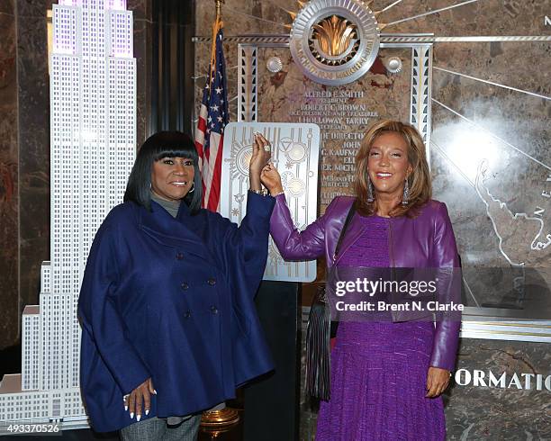 Singer Patti LaBelle and philanthropist Denise Rich light The Empire State Building in honor of Gabrielle's Angel Foundation for Cancer Research on...