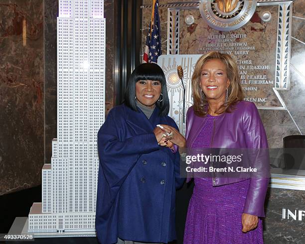 Singer Patti LaBelle and philanthropist Denise Rich light The Empire State Building in honor of Gabrielle's Angel Foundation for Cancer Research on...