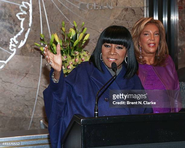 Singer Patti LaBelle and philanthropist Denise Rich visit The Empire State Building in honor of Gabrielle's Angel Foundation for Cancer Research on...