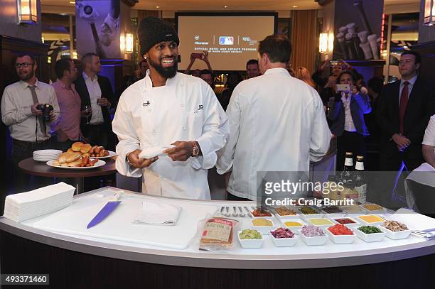 Player Jose Reyes and Chef Andrew Carmellini celebrate the launch of Sheraton Hotels & Resorts, SPG and MLB's New Partnership at a special screening...