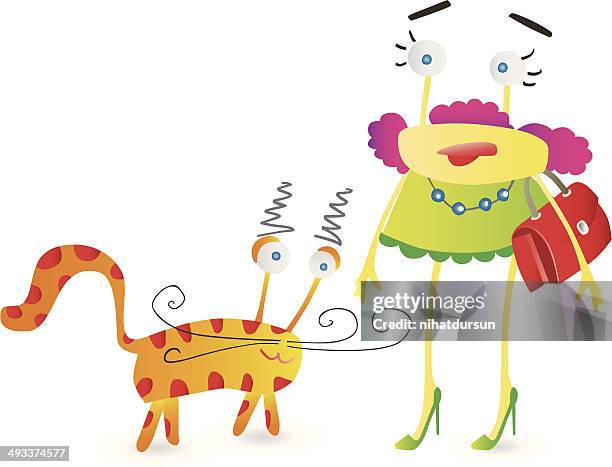 fun mother and their cat - cat outside stock illustrations