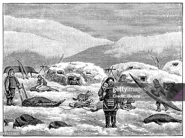 antique illustration of greenland eskimo people - inuit art stock illustrations