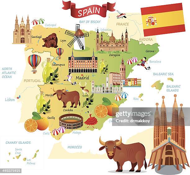 cartoon karte von spanien - antonio gaudi stock-grafiken, -clipart, -cartoons und -symbole