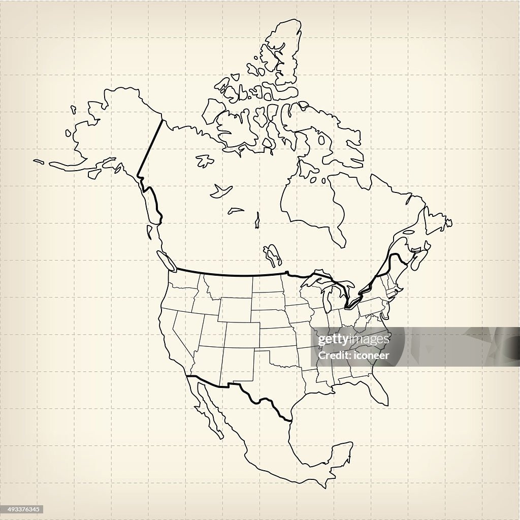 América do Norte mapa sketched na grelha