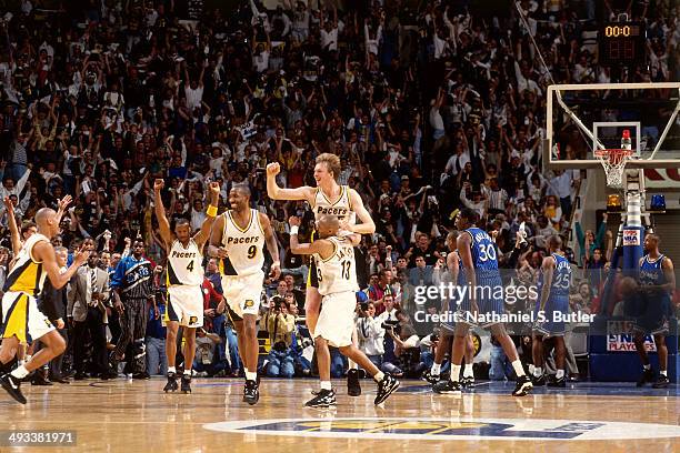 Rik Smits of the Indiana Pacers shoots the game winning shot against the Orlando Magic during Game Four of the Eastern Conference Finals on May 29,...