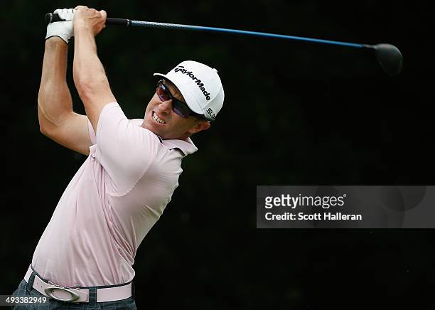 Tim Wilkinson tees off on the 12th hole during Round Two of the Crowne Plaza Invitational at Colonial on May 23, 2014 at Colonial Country Club in...