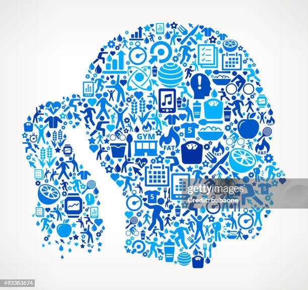 female head fitness and diet vector button pattern - dark blue studio background stock illustrations
