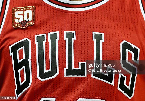 Detail shot of the 50th anniversary jersey of the Chicago Bulls during their game against the Charlotte Hornets at Time Warner Cable Arena on October...