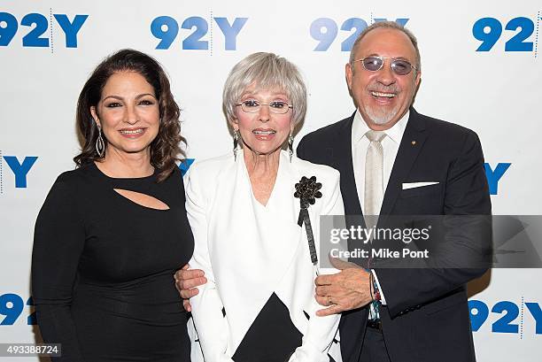 Gloria Estefan, Rita Moreno, and Emilio Estefan attend Gloria and Emilio Estefan in Conversation with Rita Moreno at 92nd Street Y on October 19,...