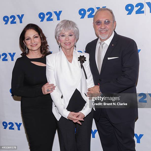 Singer Gloria Estefan, moderator Rita Moreno and musician/producer Emilio Estefan attend Gloria and Emilio Estefan In Conversation with Rita Moreno...