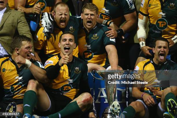 George North of Northampton Saints leads the victory celebrations during the Amlin Challenge Cup Final between Bath and Northampton Saints at Cardiff...