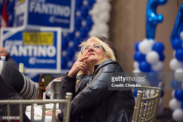 Julian Fantino supporter Rosa Billota checks the early results at Fontana Primavera Event Centre in the Vaughan-Woodbridge after the polls have...