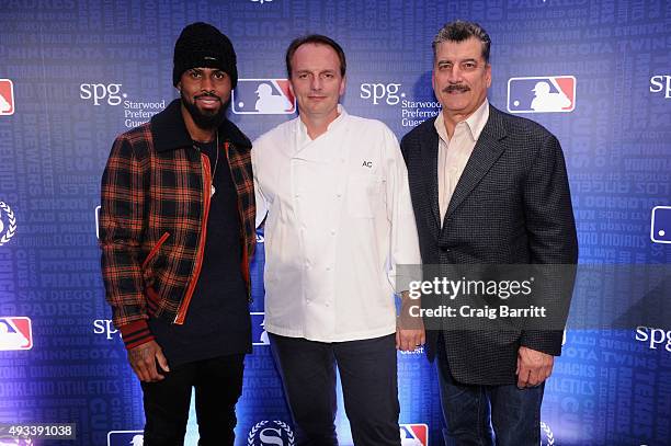 Player Jose Reyes, Chef Andrew Carmellini, and broadcaster Keith Hernandez celebrate the launch of Sheraton Hotels & Resorts, SPG and MLB's New...