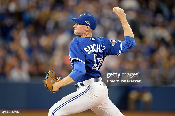 Aaron Sanchez of the Toronto Blue Jays pitches during Game 3 of the ALCS against the Kansas City Royals at the Rogers Centre on Monday, October 19,...