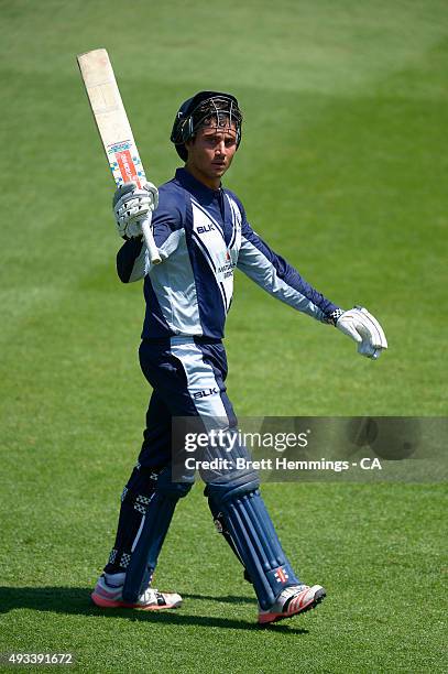 Marcus Stoinis of Victoria leaves the field after being dismissed by Jackson Bird of Tasmania during the Matador BBQs One Day Cup match between...