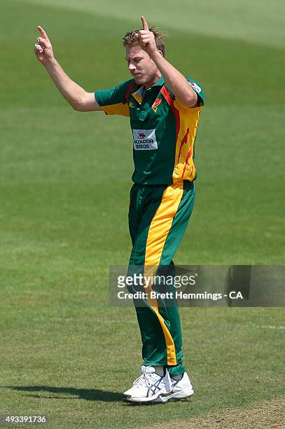 James Faulkner of Tasmania celebrates after taking the wicket of Matthew Wade of Victoria during the Matador BBQs One Day Cup match between Tasmania...