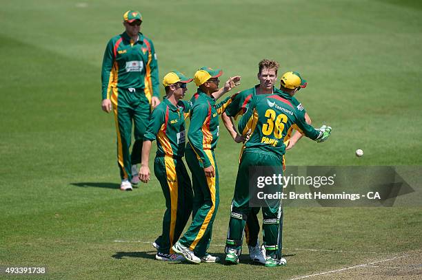 James Faulkner of Tasmania celebrates after taking the wicket of Matthew Wade of Victoria during the Matador BBQs One Day Cup match between Tasmania...