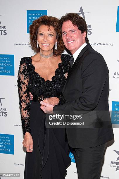 Sophia Loren and Rob Marshall attend the 2015 National Arts Awards at Cipriani 42nd Street on October 19, 2015 in New York City.