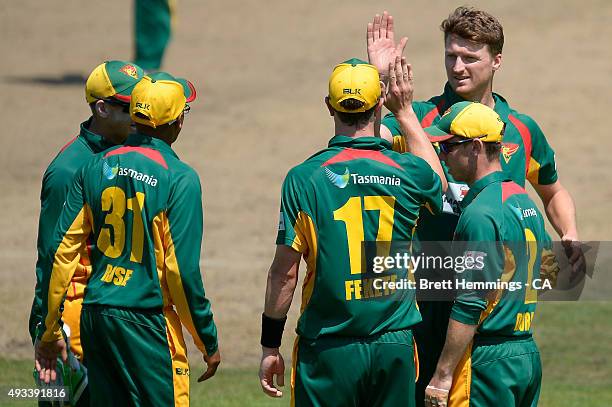 Jackson Bird of Tasmania celebrates after taking the wicket of Matthew Wade of Victoria during the Matador BBQs One Day Cup match between Tasmania...