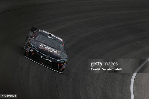 Yeley, driver of the JGL Racing Toyota, practices for the NASCAR Xfinity Series Furious 7 300 at Chicagoland Speedway on September 18, 2015 in...