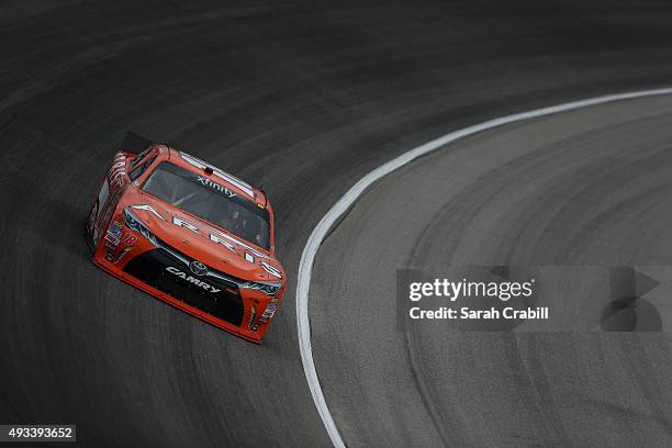 Daniel Suarez, driver of the ARRIS Toyota, practices for the NASCAR Xfinity Series Furious 7 300 at Chicagoland Speedway on September 18, 2015 in...