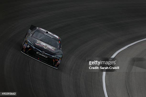 Yeley, driver of the JGL Racing Toyota, practices for the NASCAR Xfinity Series Furious 7 300 at Chicagoland Speedway on September 18, 2015 in...