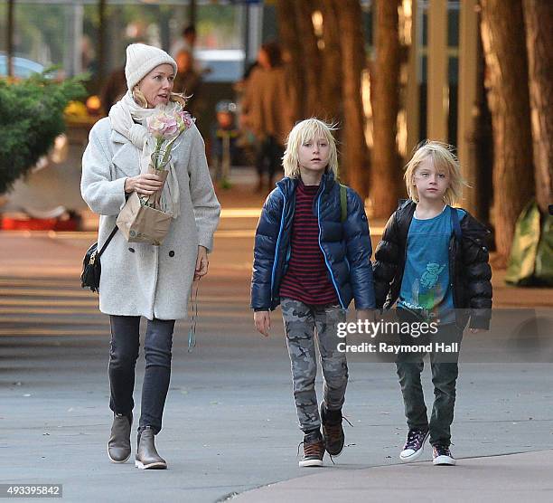 Actress Naomi and her sons, Alexander Schreiber and Samuel Schreiber are seen walking in Soho on October 19, 2015 in New York City.