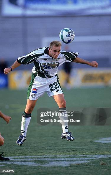 Joey DiGiamarino of the Colorado Rapids heads the ball during a game against the Los Angeles Galaxy at the Rose Bowl in Pasadena, California. The...