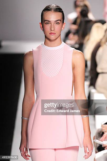 Model walks the runway at the Matthew Gallagher Spring/Summer 2016 fashion show during World Mastercard fashion week on October 19, 2015 at David...