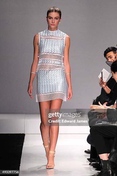 Model walks the runway at the Matthew Gallagher Spring/Summer 2016 fashion show during World Mastercard fashion week on October 19, 2015 at David...